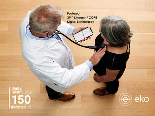 Clinician listens to woman's heart using 3M™ Littmann® CORE Digital Stethoscope