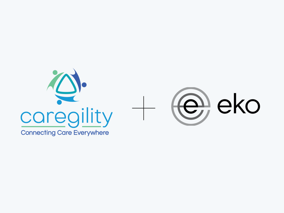 Caregility and Eko logos with a plus sign between them