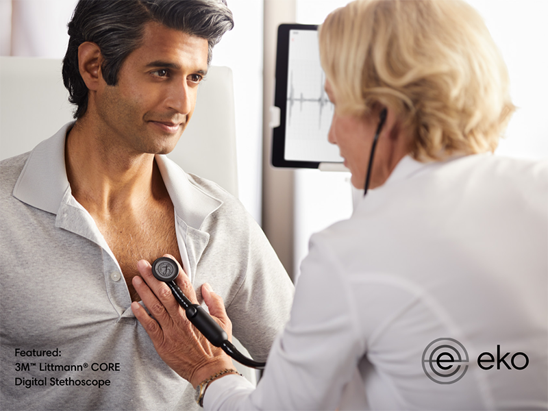 Clinician listens to a man's heart with 3M™ Littmann® CORE Digital Stethoscope