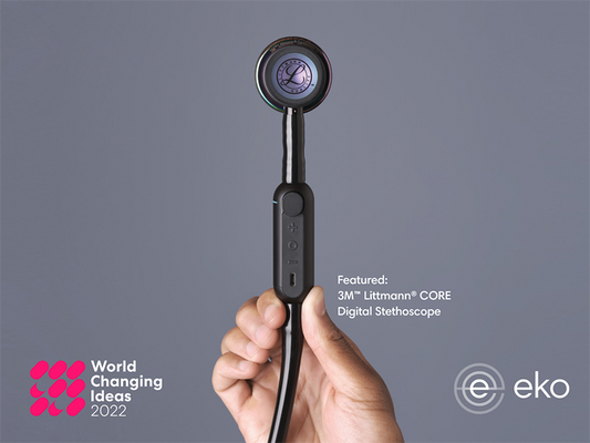 A hand holds up the 3M™ Littmann® CORE Digital Stethoscope on display