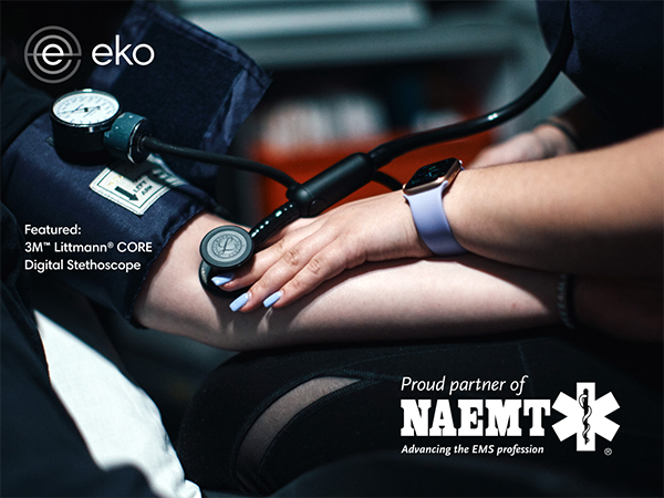 EMT takes patient's blood pressure and listens with 3M™ Littmann® CORE Digital Stethoscope