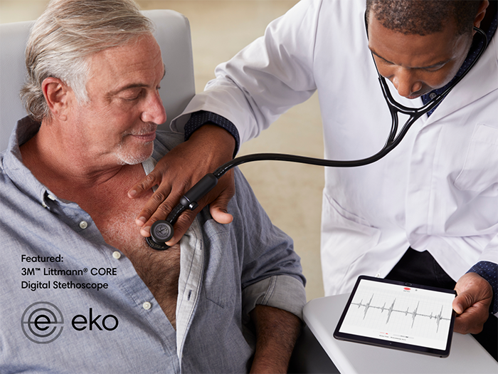Clinician listens to a man's heart with 3M™ Littmann® CORE Digital Stethoscope