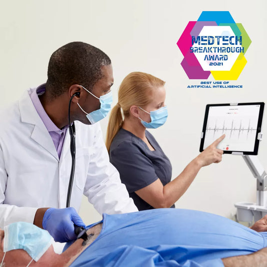 Clinicians use digital stethoscope and iPad to view patient vitals