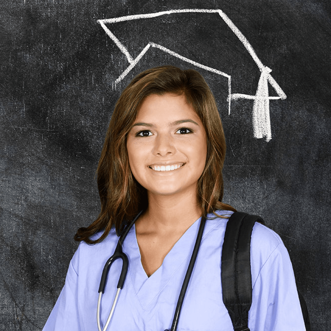 Smiling medical student with graduation cap drawn on chalkboard
