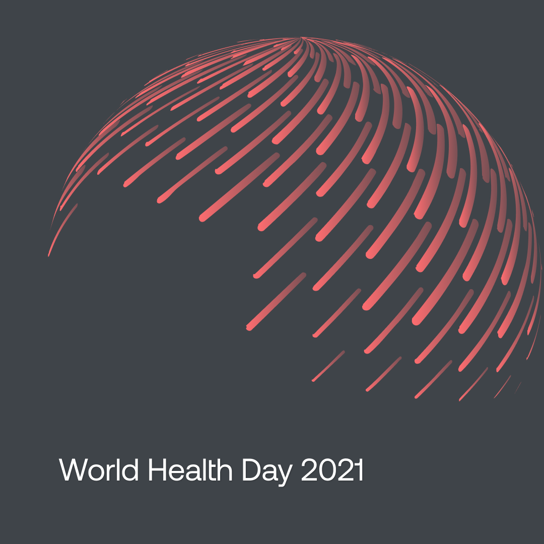 World Health Day 2021 logo with over 100 red meteors flying around the globe