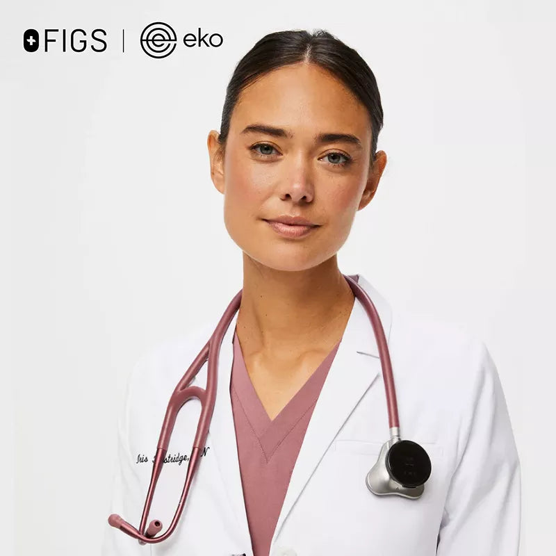 Clinician wearing new FIGS | Eko CORE 500™ Digital Stethoscope