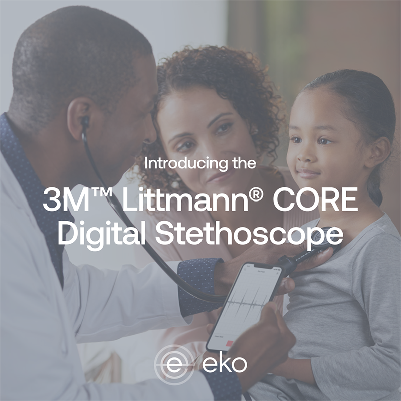 Clinician listens to child's heart with digital stethoscope