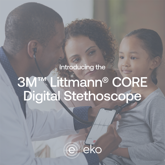 Clinician listens to child's heart with digital stethoscope