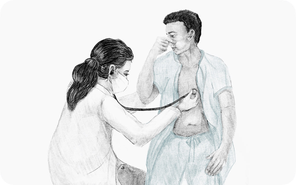 Drawing of clinician auscultating on patient using Valsalva Maneuver
